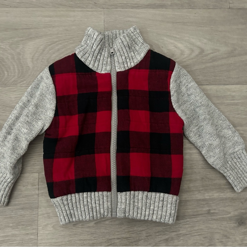 Plaid Red and Gray Kids 12M Zip-Up Sweater